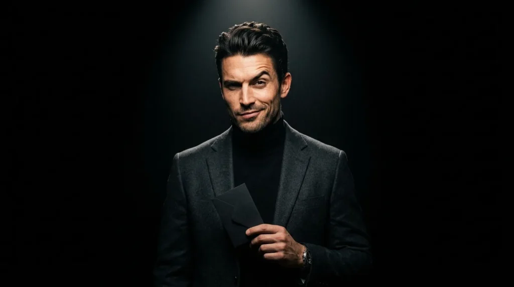 Sharp-looking person with knowing smirk holding a card portraying funny birthday messages for sarcastic and roast-level humor