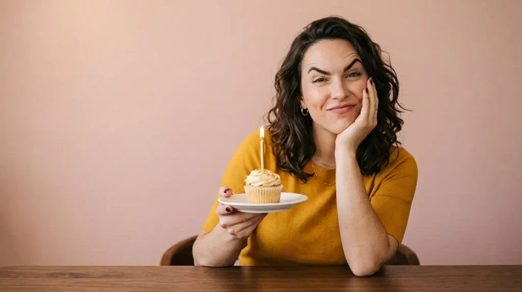 Confident stylish woman with birthday cupcake embodying funny birthday messages for your girl friend
