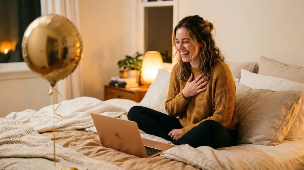 Young woman laughing on a video call with birthday balloon capturing funny birthday messages for your long-distance friend