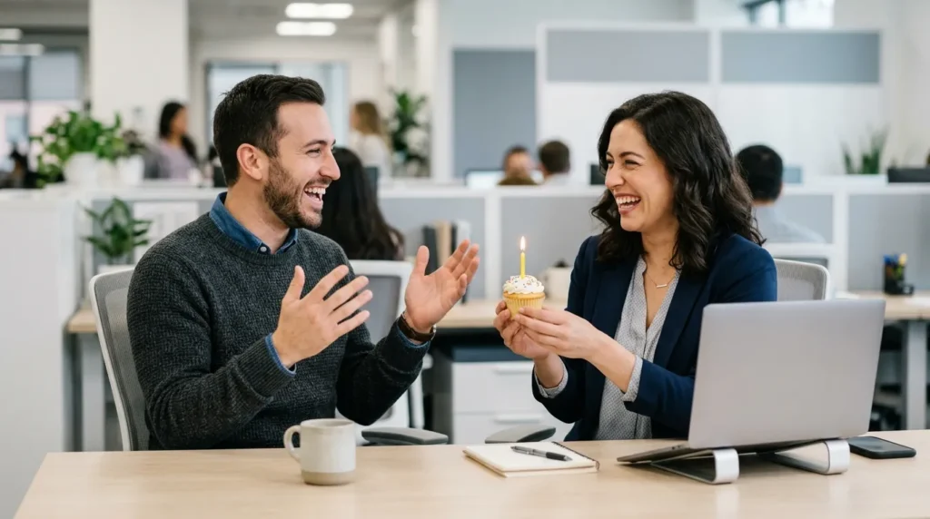 Two coworkers laughing at a desk illustrating funny birthday messages for your work friend or coworker