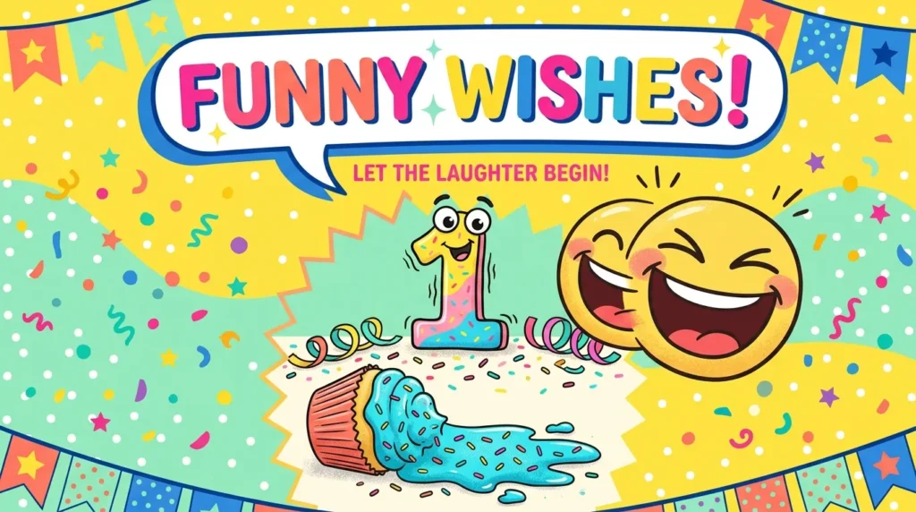 Funny and playful first birthday wishes for baby girl shown in colorful cartoon party design