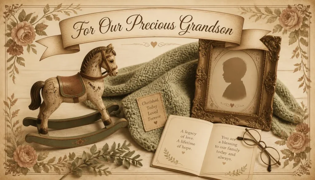 Vintage-style keepsake props illustrating grandparents' 1st birthday messages for baby boy heritage theme.