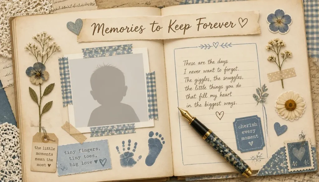 Scrapbook page with handprint and journal for keepsake and scrapbook 1st birthday messages for baby boy.