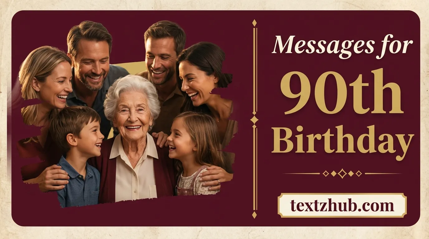 Multi-generational family celebrating grandmother with heartfelt messages for 90th birthday