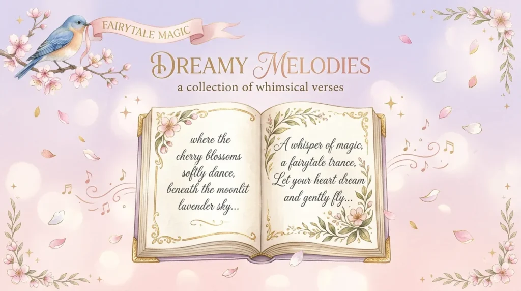 Rhyming first birthday wishes for baby girl illustrated with storybook and cherry blossom design