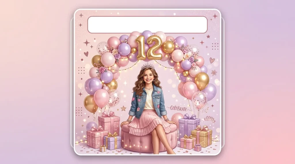 Stylish girl with a birthday crown and fairy lights, capturing the spirit of 12th birthday messages for her.