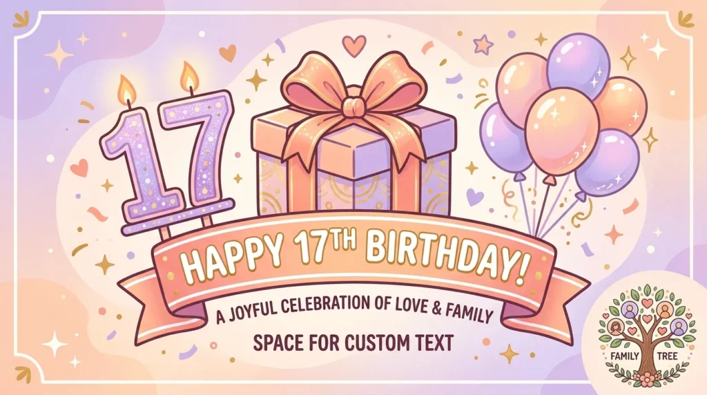 Pastel lavender graphic with gift box celebrating 17th birthday messages for your niece or nephew.