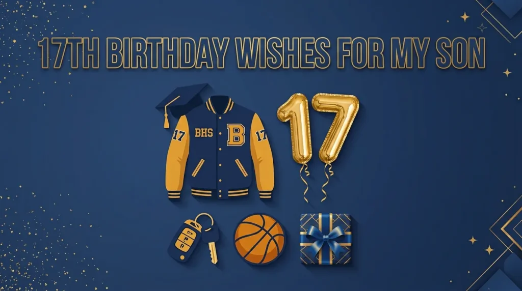 Warm navy and gold graphic celebrating 17th birthday messages for your son with car keys and gift icons.