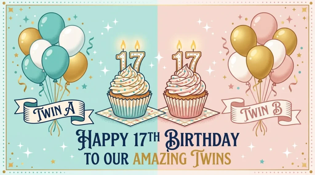 Mirrored teal and blush graphic with twin cupcakes for 17th birthday messages for your twin.