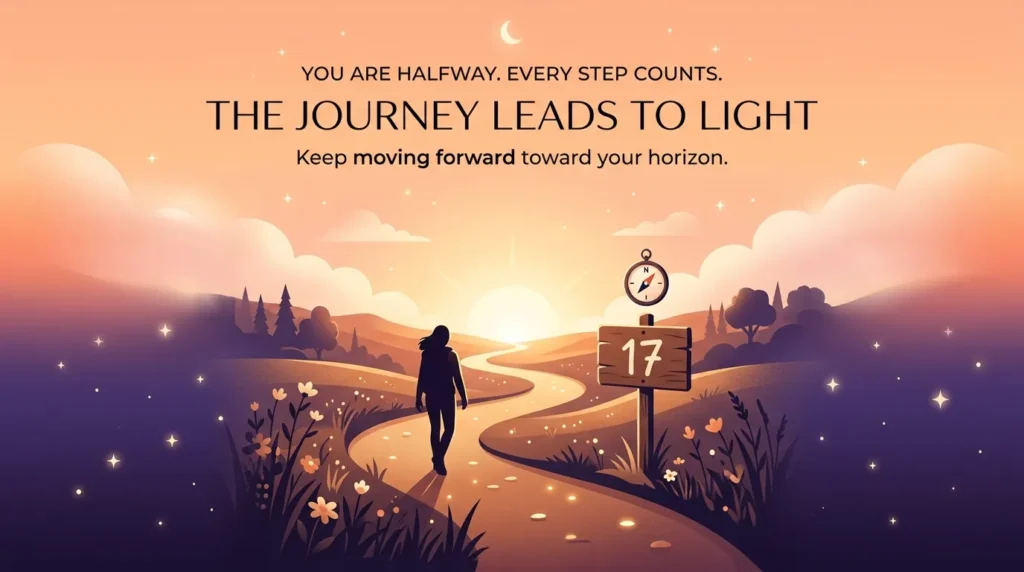 Sunset gradient graphic with a forward path symbolizing 17th birthday messages about the future ahead.