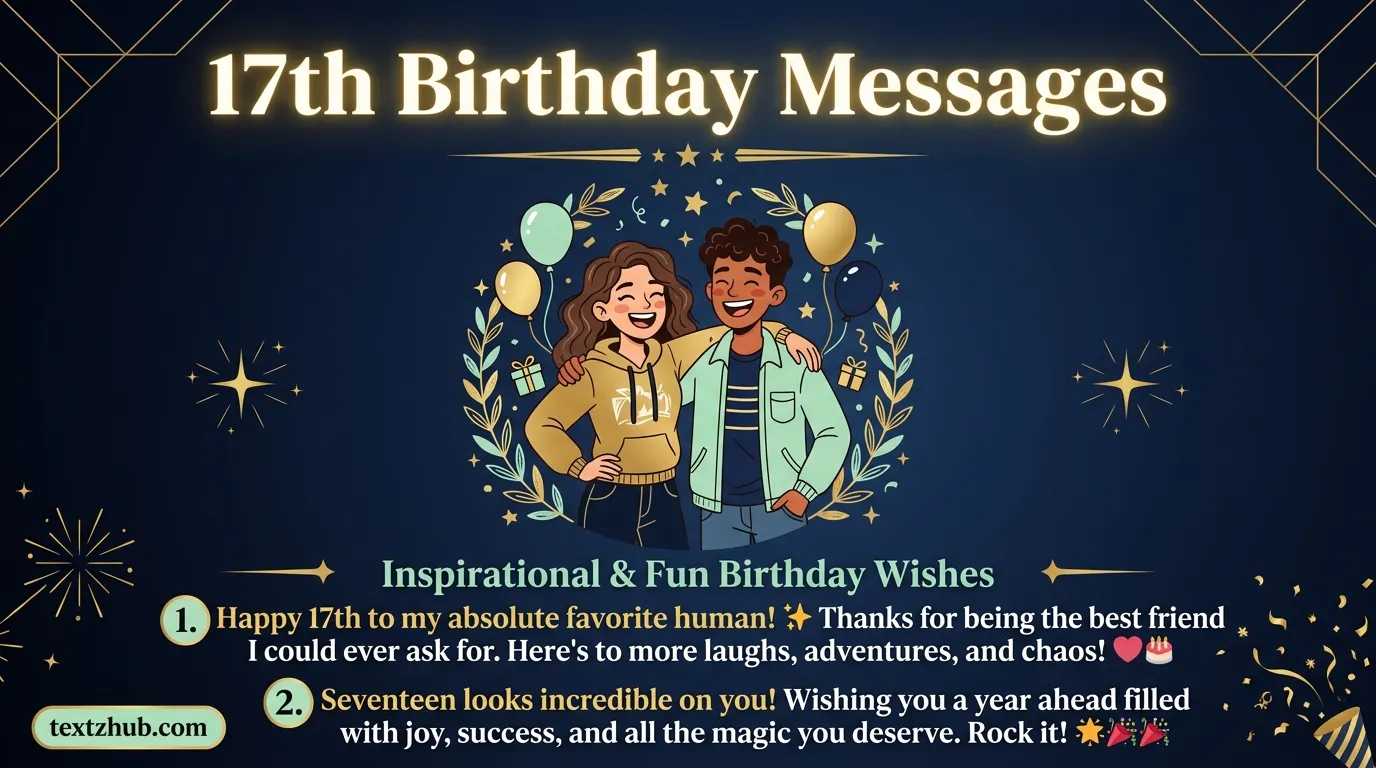 Two teenage friends smiling inside wreath frame for 17th birthday messages article.