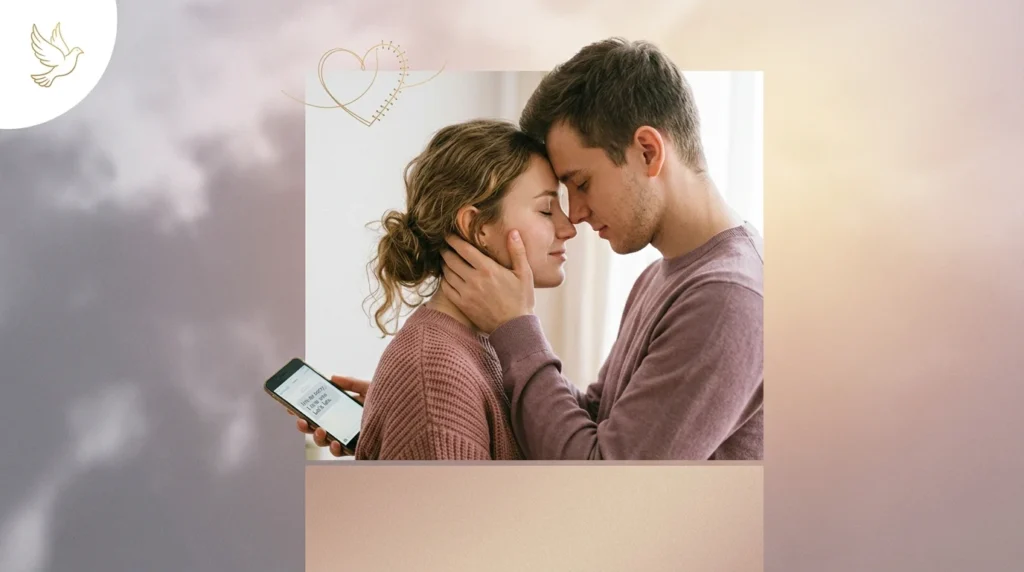 Couple embracing tenderly after a fight reading reassuring deep text message