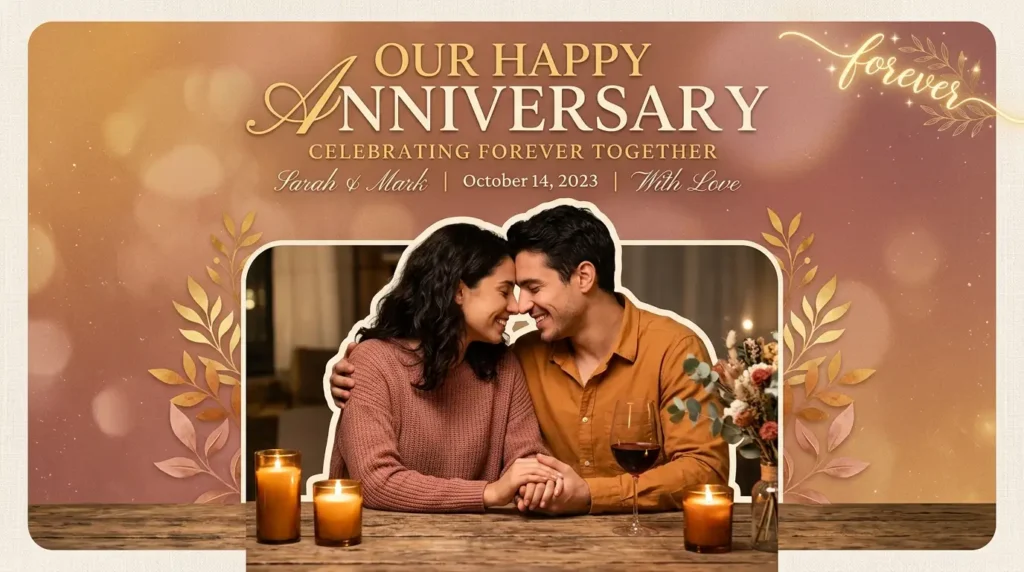 Couple holding hands celebrating anniversary with candlelight background