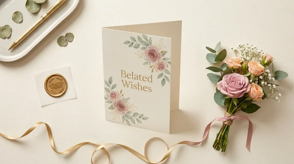 Belated birthday card messages for friends displayed with flowers and elegant greeting card.
