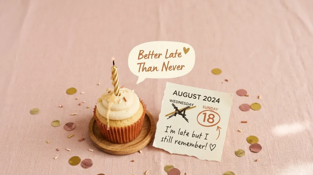 Sincere belated birthday messages for your best friend shown with candle and calendar design.