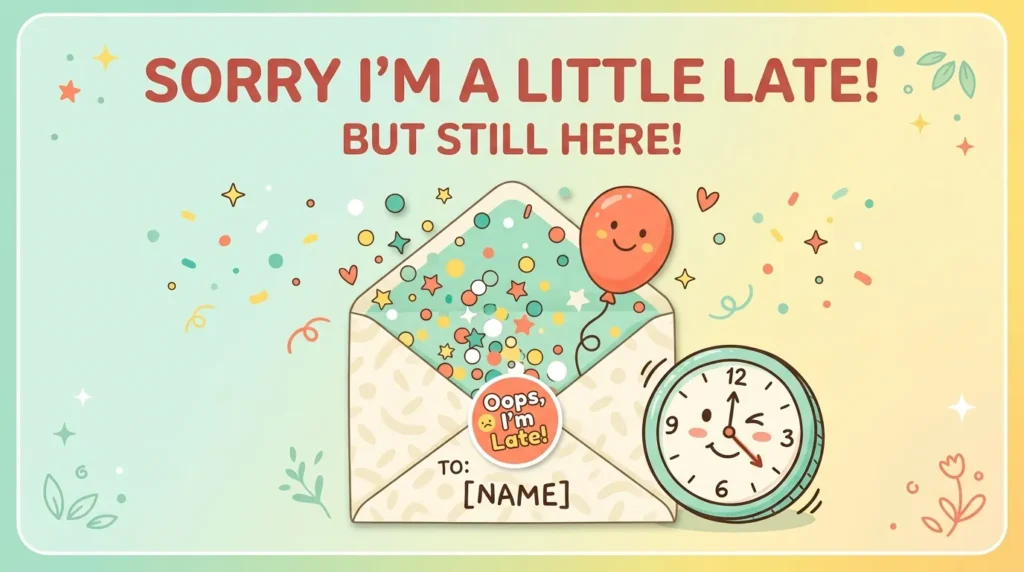 Casual belated birthday messages for a friend featured with a fun envelope and clock icon.