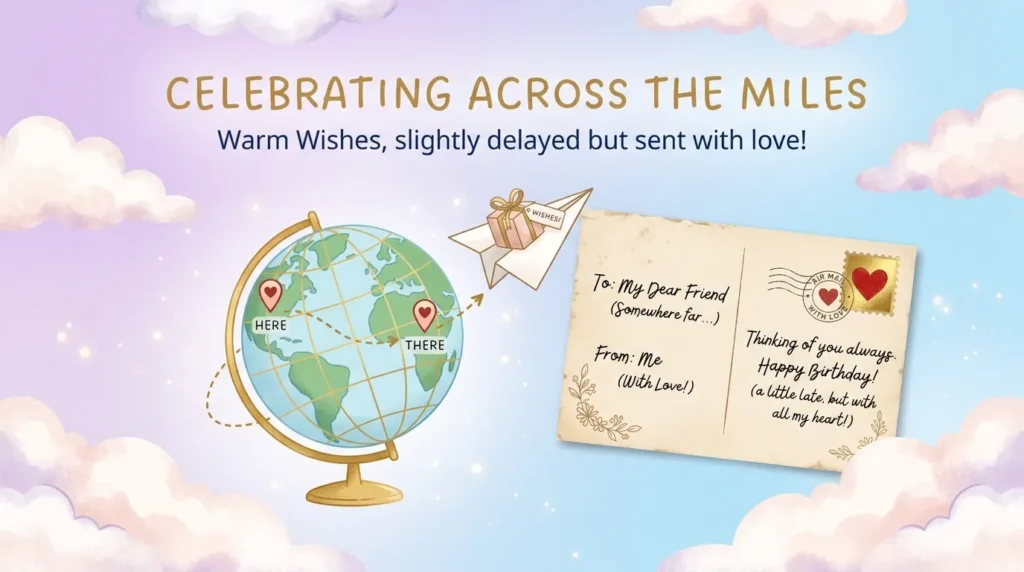 Belated birthday messages for a long-distance friend shown with globe and postcard graphic.