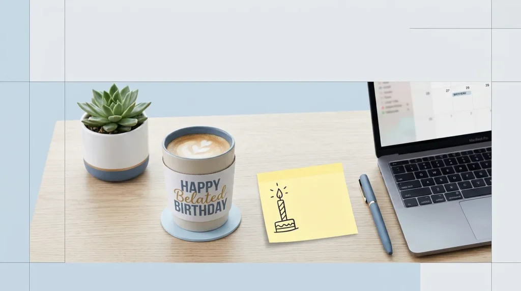 Belated birthday messages for a work friend or coworker shown with office desk theme.