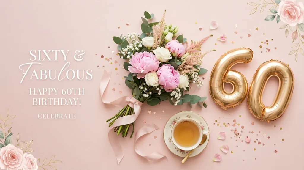 Elegant floral flat-lay with 60th birthday messages for her greeting card