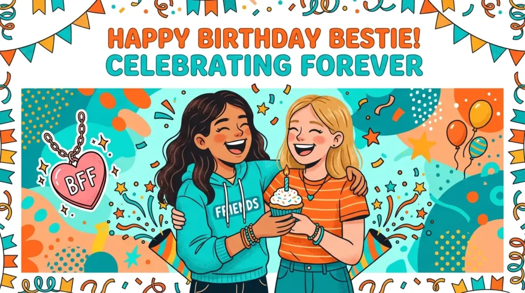 Two tween best friends laughing with a birthday cupcake, celebrating best friend 12th birthday wishes.