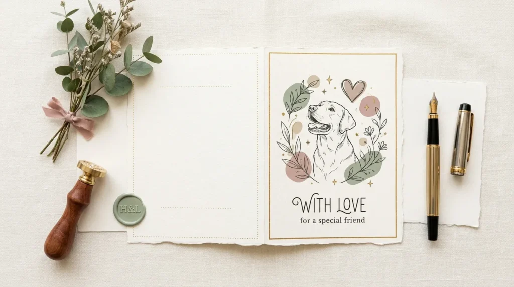 Elegant handwritten card design representing heartfelt birthday card messages for dog moms.