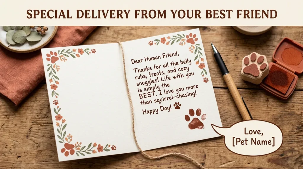 Birthday card messages written in the pet's voice with paw-print signature shown.