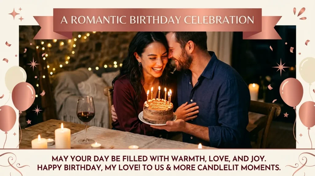 Man surprising woman with birthday cake, birthday care messages for her