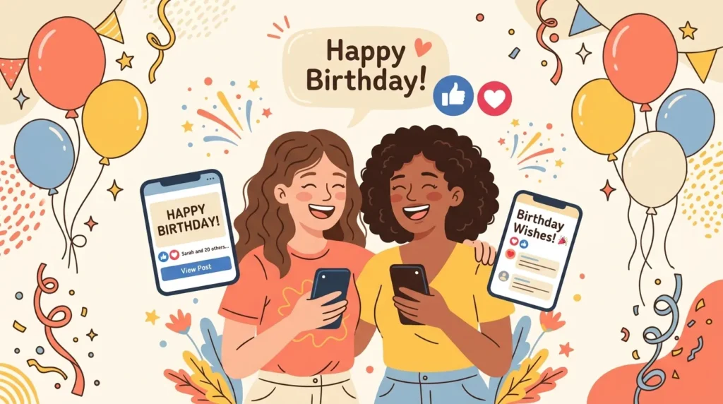Two best friends celebrating with birthday messages for Facebook wall and confetti graphics