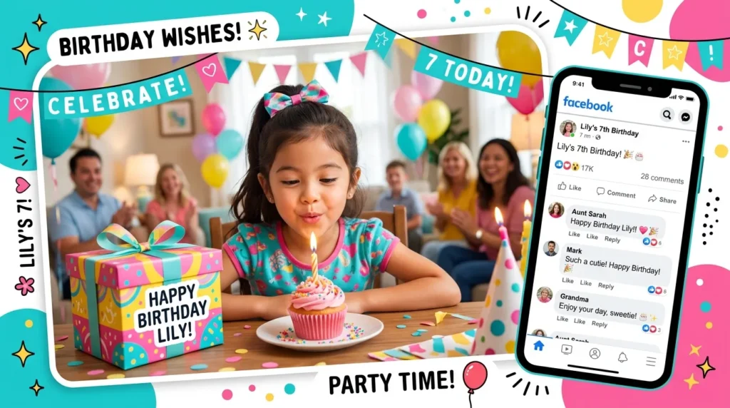 Cousin blowing candles beside birthday messages for Facebook wall graphic