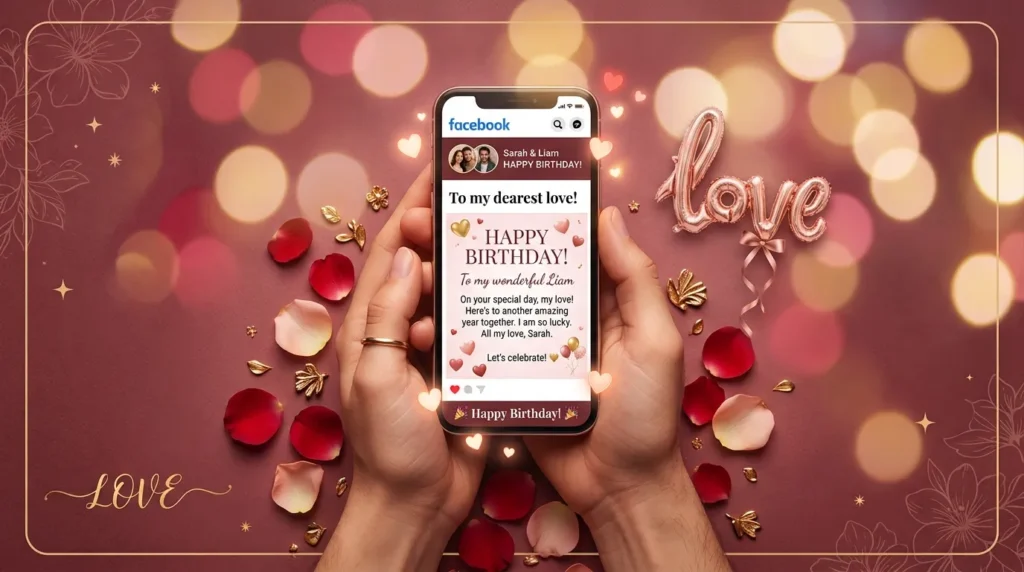 Couple's hands holding phone with birthday messages for Facebook wall love