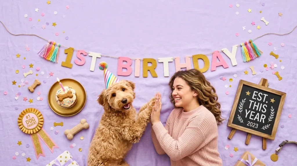Woman celebrating with her dog, marking joyful birthday messages for first birthday dog parent.