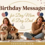 Heartwarming birthday messages for dog mom and dog dad scene with woman hugging female and male dogs.