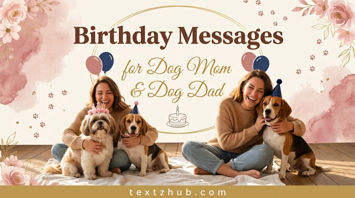 Heartwarming birthday messages for dog mom and dog dad scene with woman hugging female and male dogs.