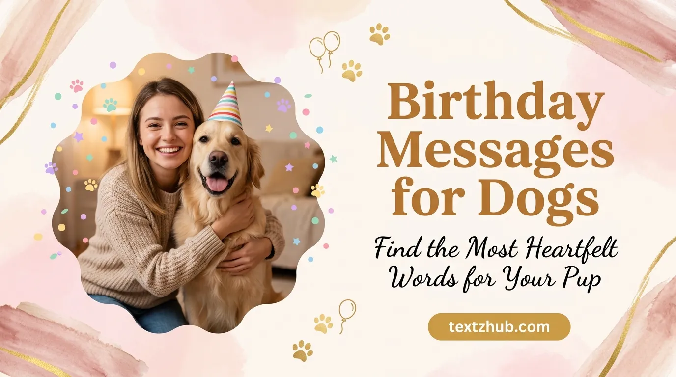 Woman hugging golden retriever with birthday hat alongside heartfelt birthday messages for dogs