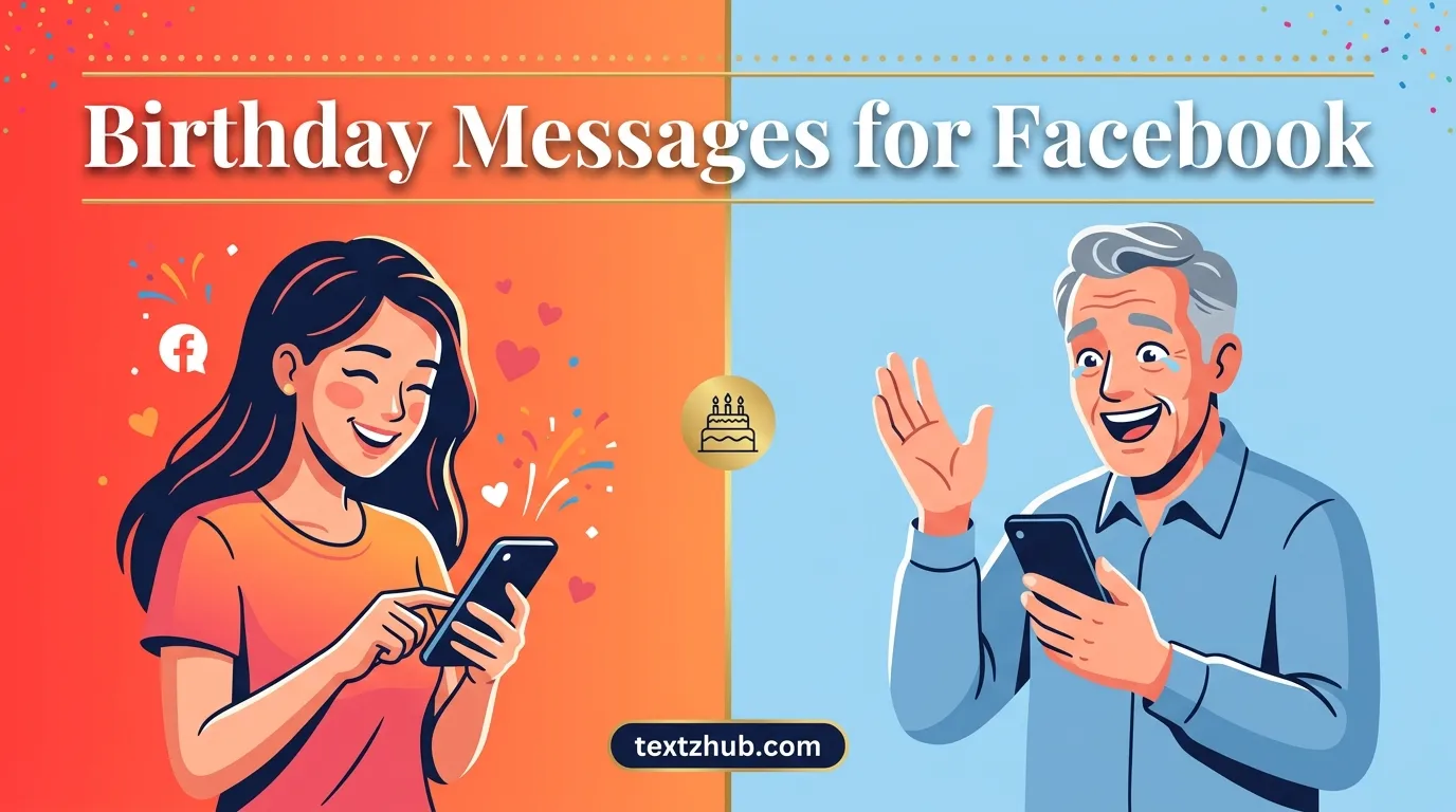 Emotional split-panel illustration of people sending and receiving birthday messages for Facebook.