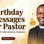 Birthday messages for pastor featured with joyful smiling pastor in golden celebratory graphic design.