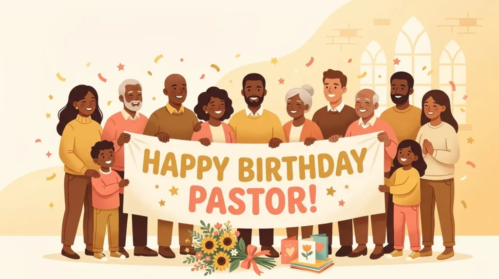 Congregation members celebrating birthday messages for your pastor with banner and flowers