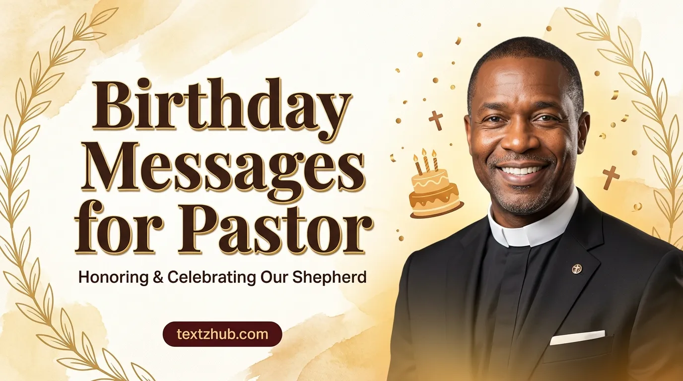 Birthday messages for pastor featured with joyful smiling pastor in golden celebratory graphic design.