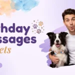 Energetic man with a dog, cat, and bunny celebrating birthday messages for pets.