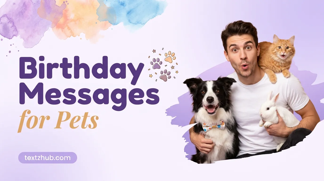 Energetic man with a dog, cat, and bunny celebrating birthday messages for pets.
