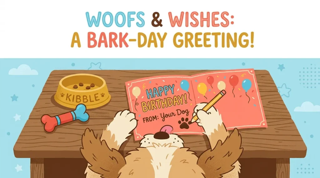 Cartoon puppy writing birthday messages from the dog on card