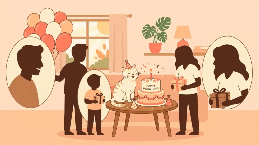 Cat surrounded by family illustrating birthday messages from the whole family