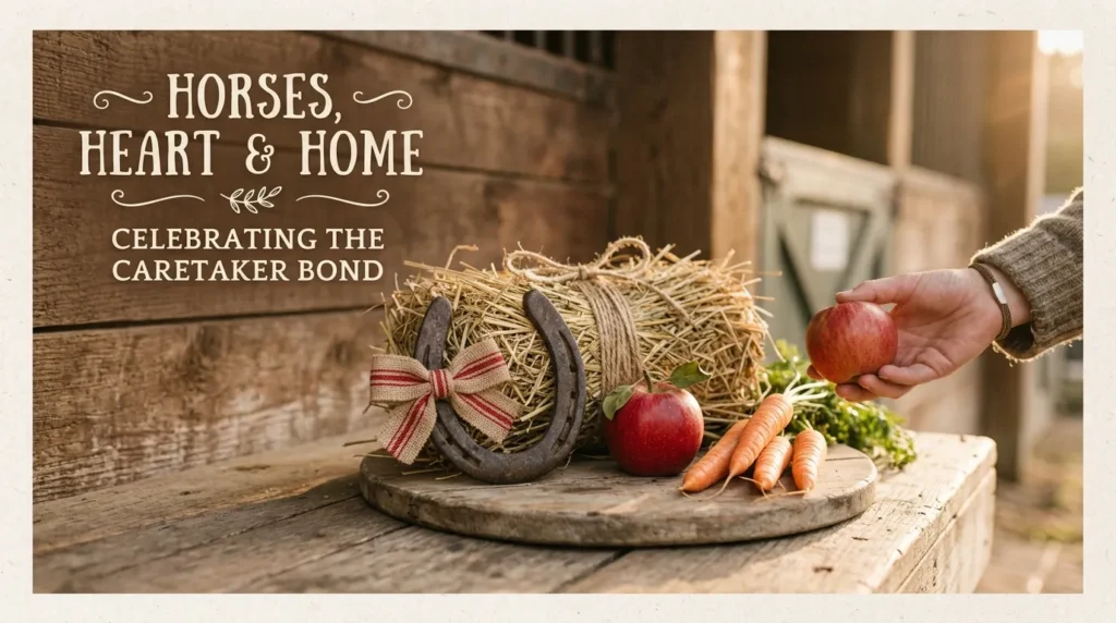 Birthday messages for horses and barn animals featuring rustic horseshoe and hay decor.