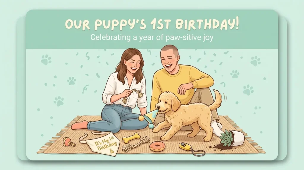 New puppy parents laughing together, capturing joyful birthday messages for new puppy parents.