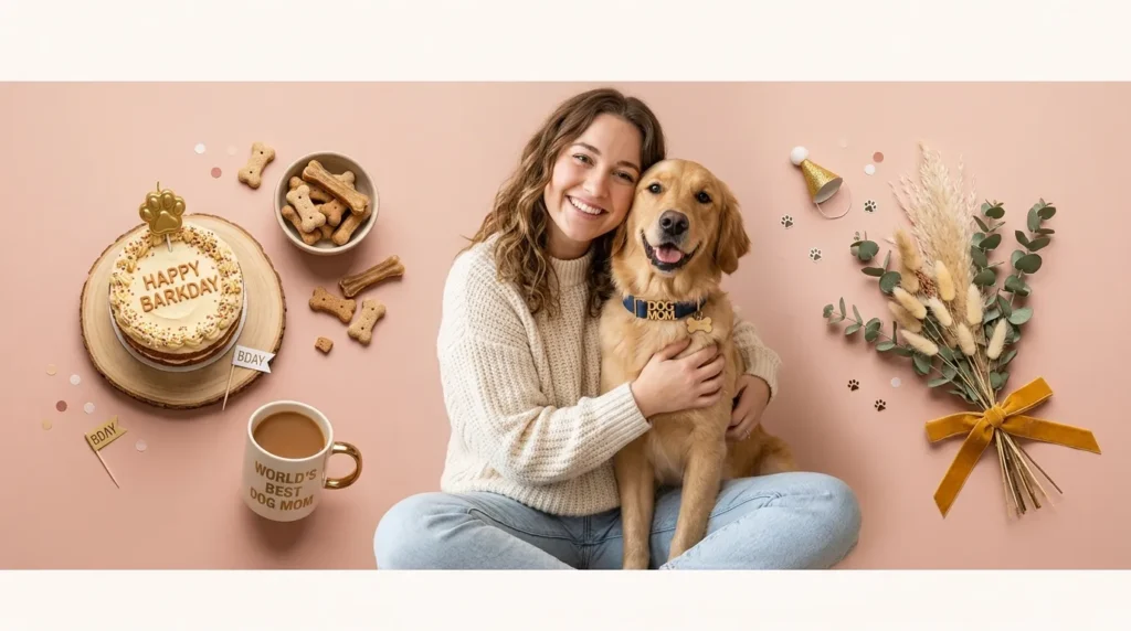 Smiling woman hugging her golden retriever during heartfelt birthday messages for dog mom.