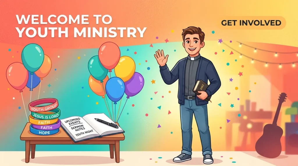 Colorful balloons and notebook celebrating birthday messages for a youth pastor