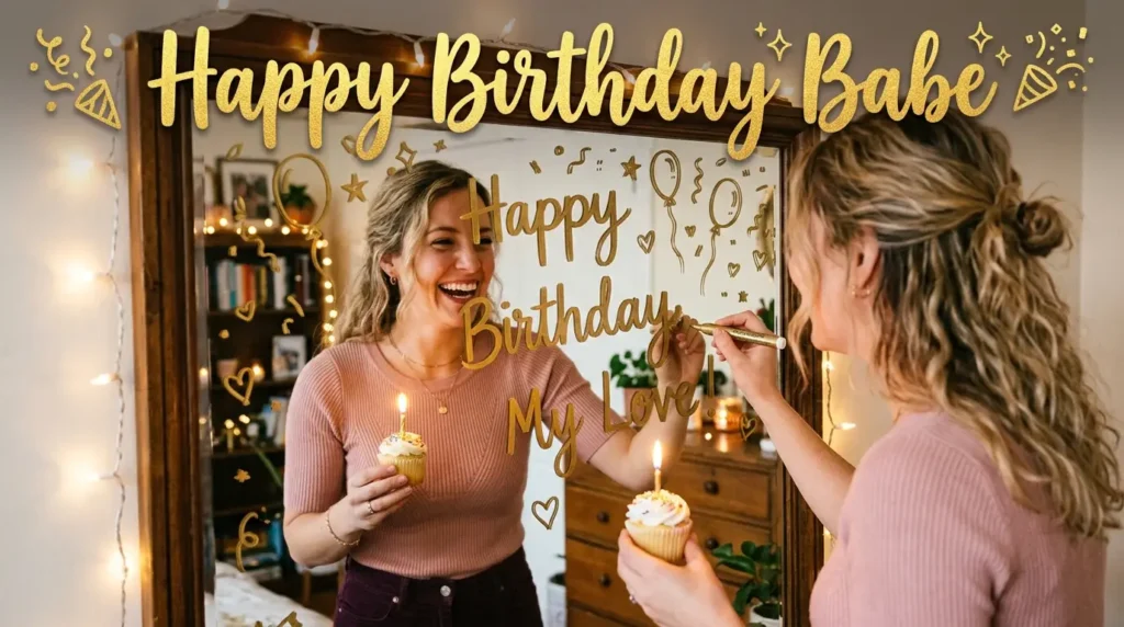 Woman writes birthday mirror message for boyfriend with cupcake and confetti