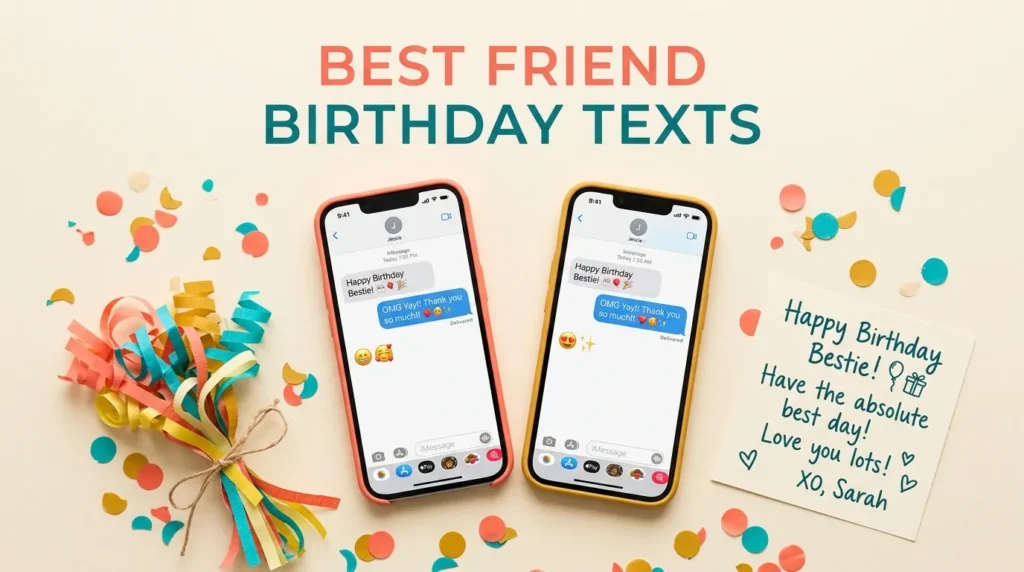 Two phones exchanging birthday text messages for your best friend with confetti decor