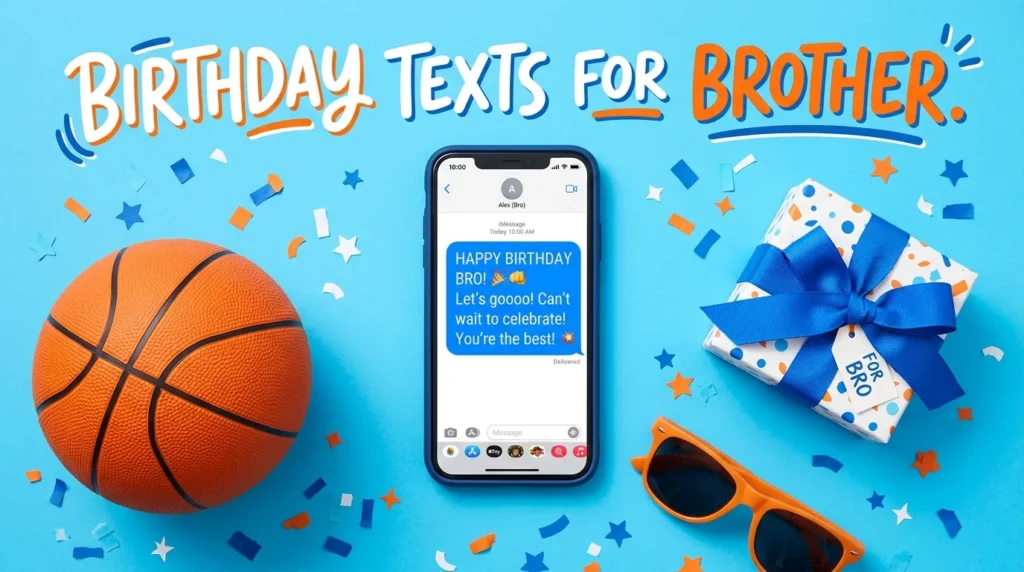 Smartphone showing playful birthday text messages for your brother with basketball props