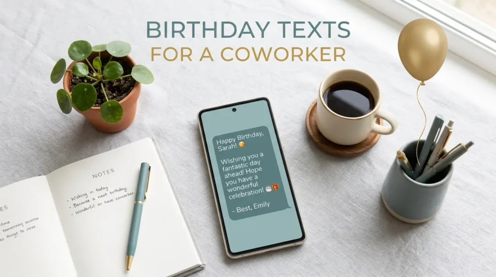 Desk scene with phone showing birthday text messages for a coworker and coffee cup